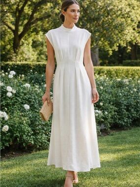 Zara White Pleated Maxi Dress Elegant Minimalist High Neck Cape Sleeve Size M